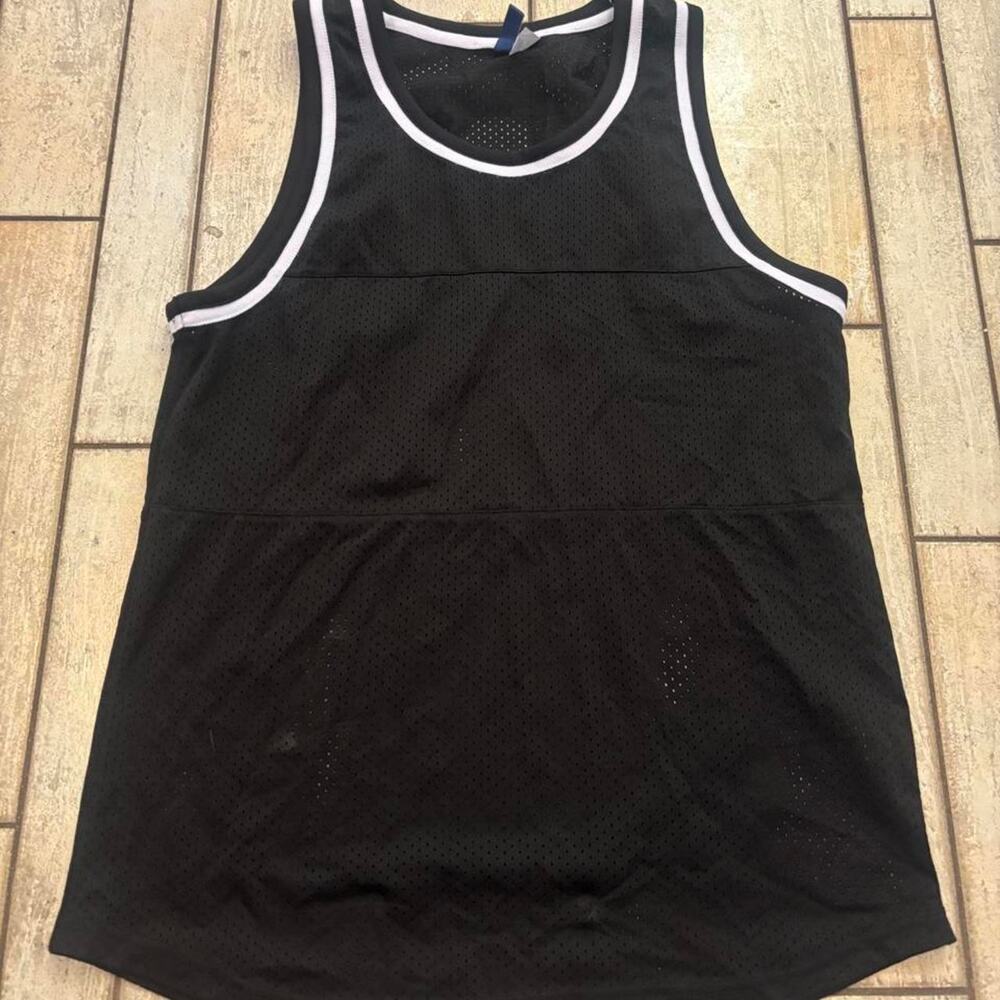 Black mesh tank top with white trim